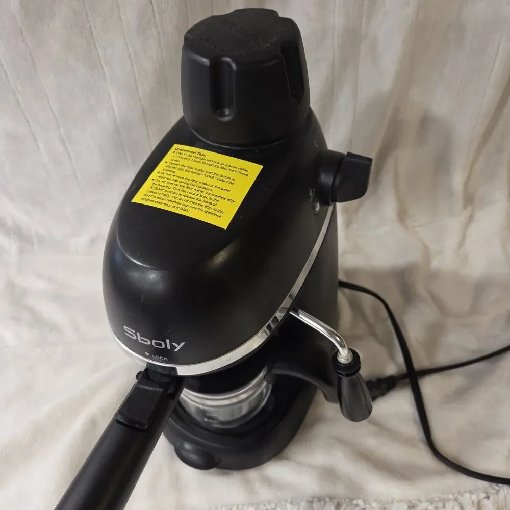 Sboly Black Espresso Machine for Ground Coffee 4-Cup Steam Wand Analog